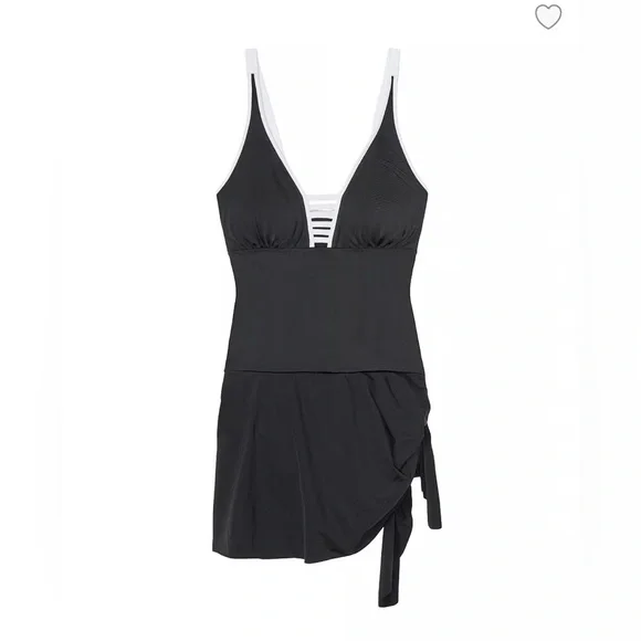 🆕 LEONISA SHAPEWEAR Ladder Front Shaper Swim Dress One Piece Swimsuit Black XL - Picture 3 of 11